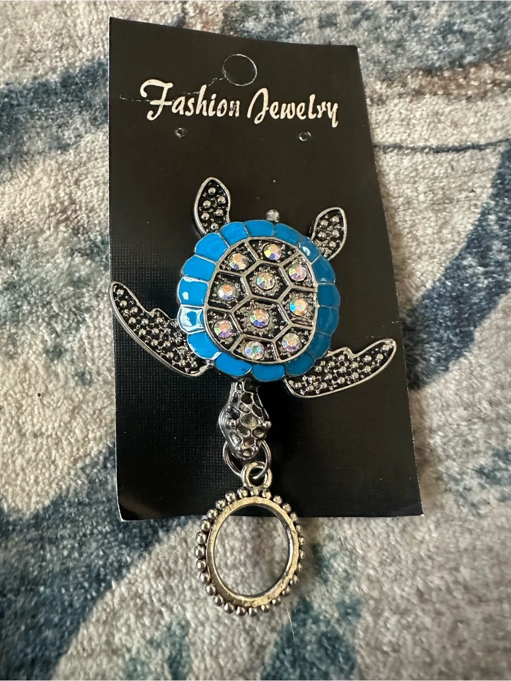 Magnetic Badge Holder Jewelry Turquoise Blue Turtle Brooch Crystal